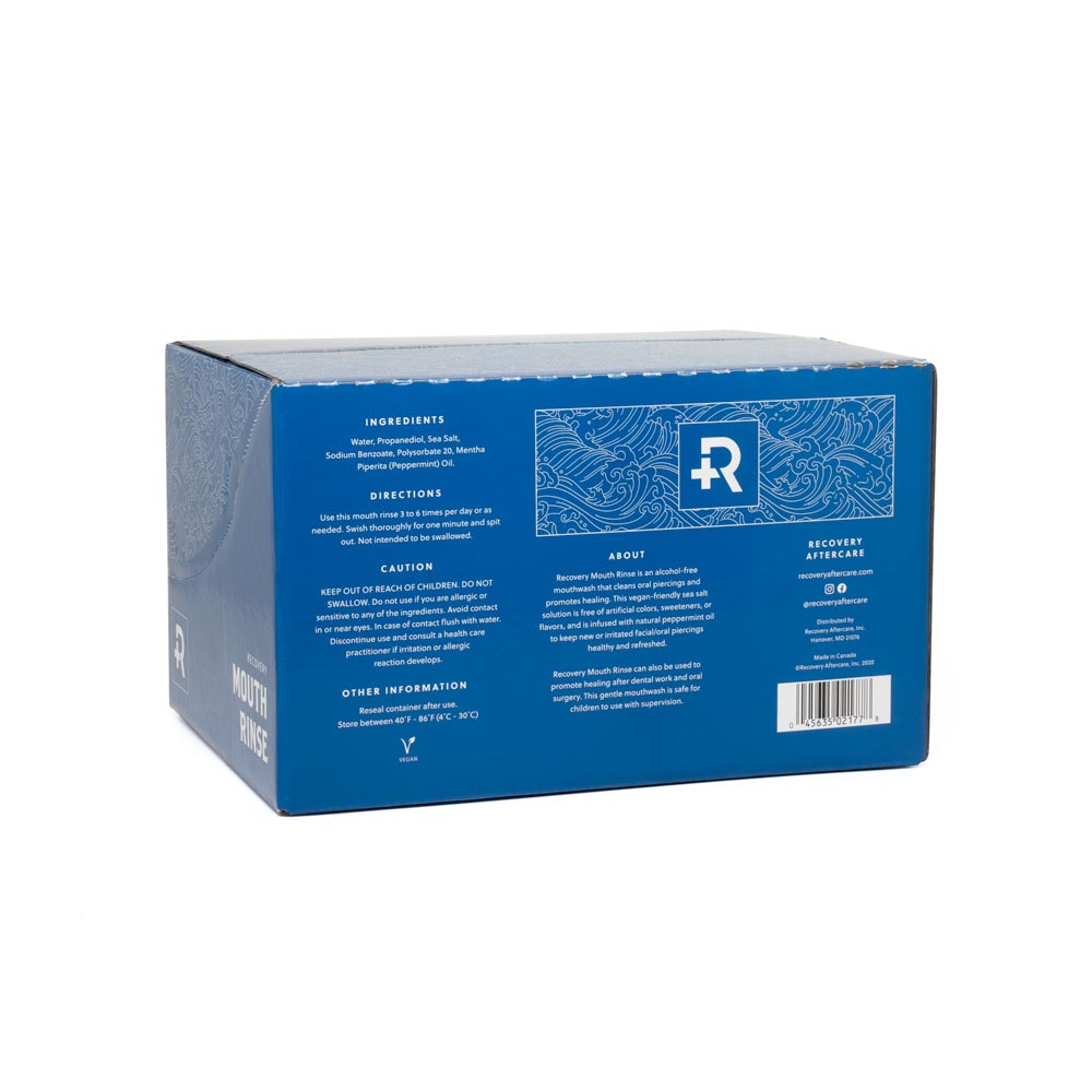 Back of retail packaging of 12 bottles of Recovery Aftercare Sea Salt Mouth Rinse