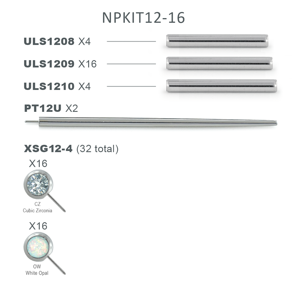 NPKIT12-16 contains 4 ULS1208 Nipple Bars, 16 ULS1209 Nipple Bars, 4 ULS1210 Nipple Bars, 2 PT12U Transfer Tools, 16 XSG12-4CZ, and 16 XSG12-4OW