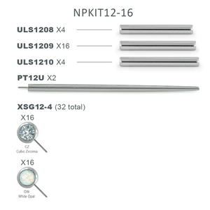 NPKIT12-16 contains 4 ULS1208 Nipple Bars, 16 ULS1209 Nipple Bars, 4 ULS1210 Nipple Bars, 2 PT12U Transfer Tools, 16 XSG12-4CZ, and 16 XSG12-4OW