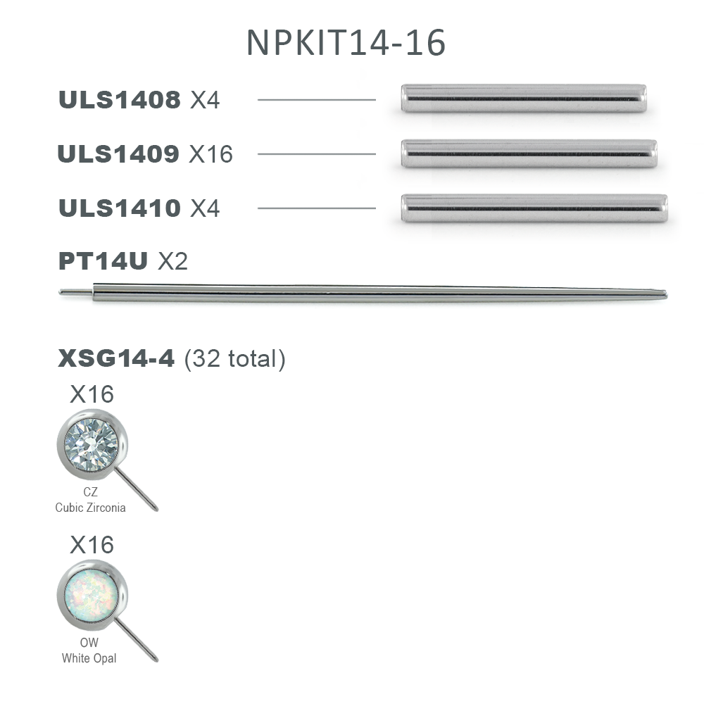 NPKIT14-16 contains 4 ULS1408 Nipple Bars, 16 ULS1409 Nipple Bars, 4 ULS1410 Nipple Bars, 2 PT14U Transfer Tools, 16 XSG14-4CZ, and 16 XSG14-4OW