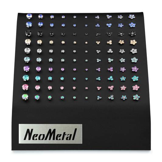 100 piece black acrylic display with a variety of colors and sizes for the threadless titanium prong set gem ends, trinity gem ends, and flower gem ends