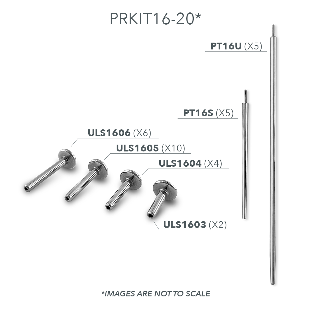 Our two sizes of titanium 16 gauge pin tapers and four sizes of 16 gauge titanium labret posts, included in the Essential Kit