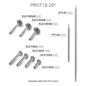 Our two sizes of titanium 18 gauge pin tapers and seven sizes of 18 gauge titanium labret posts, included in the Essential Kit