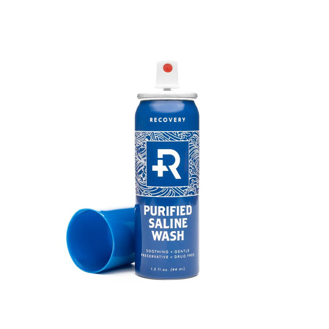 A can of Recovery Purified Saline Wash Spray with the top off