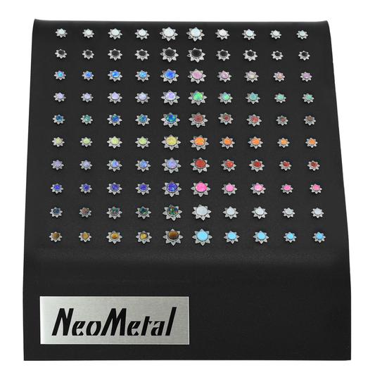 100 piece black acrylic display with a variety of Sun Cabochon sizes and cabochon colors