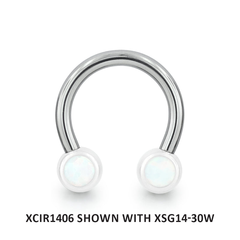 A 14-gauge threadless titanium circular barbell with white opal cabochon gem ends.