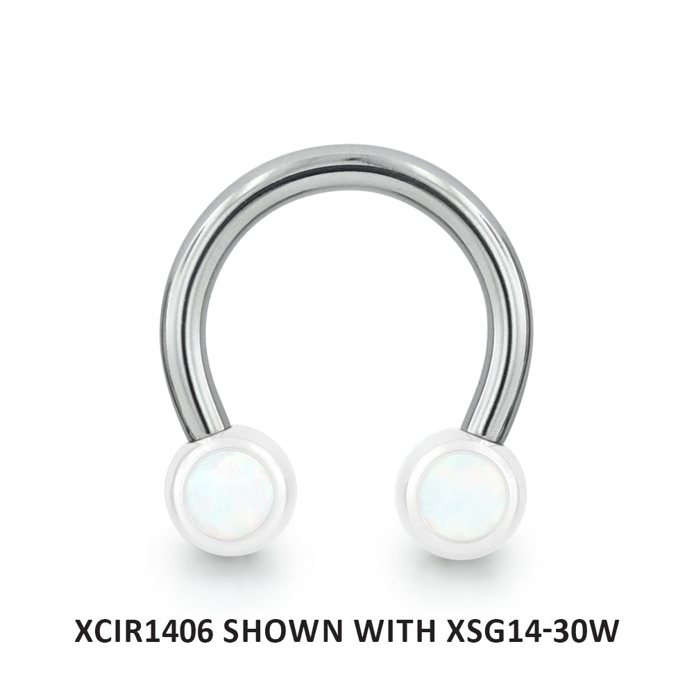 A 14-gauge threadless titanium circular barbell with white opal cabochon gem ends.
