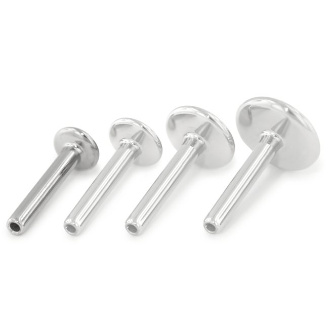 4 sizes of threadless titanium 18 gauge labrets with the 2.5mm disk back highlighted