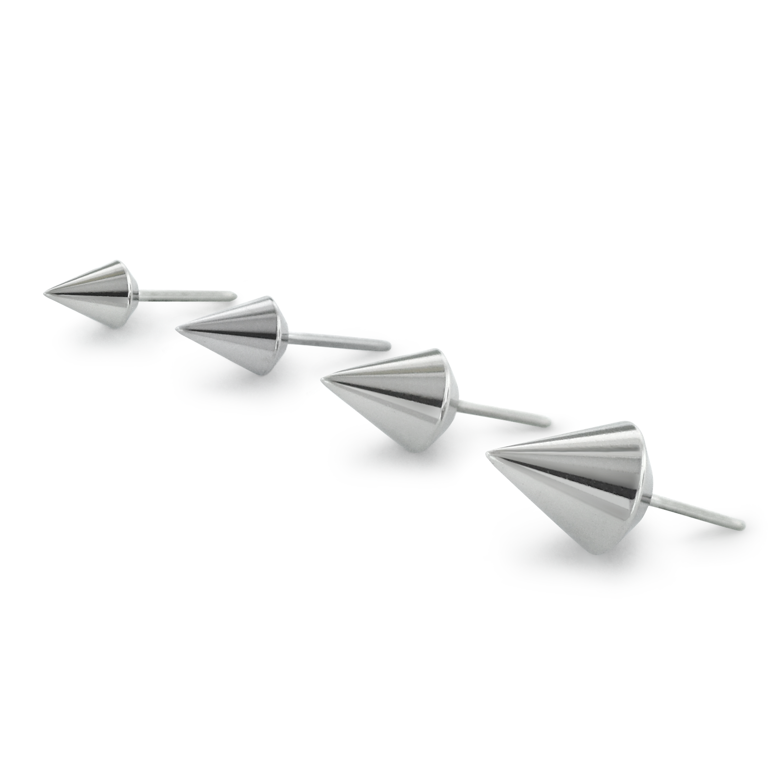 Four sizes of threadless titanium ends in the shape of spears.