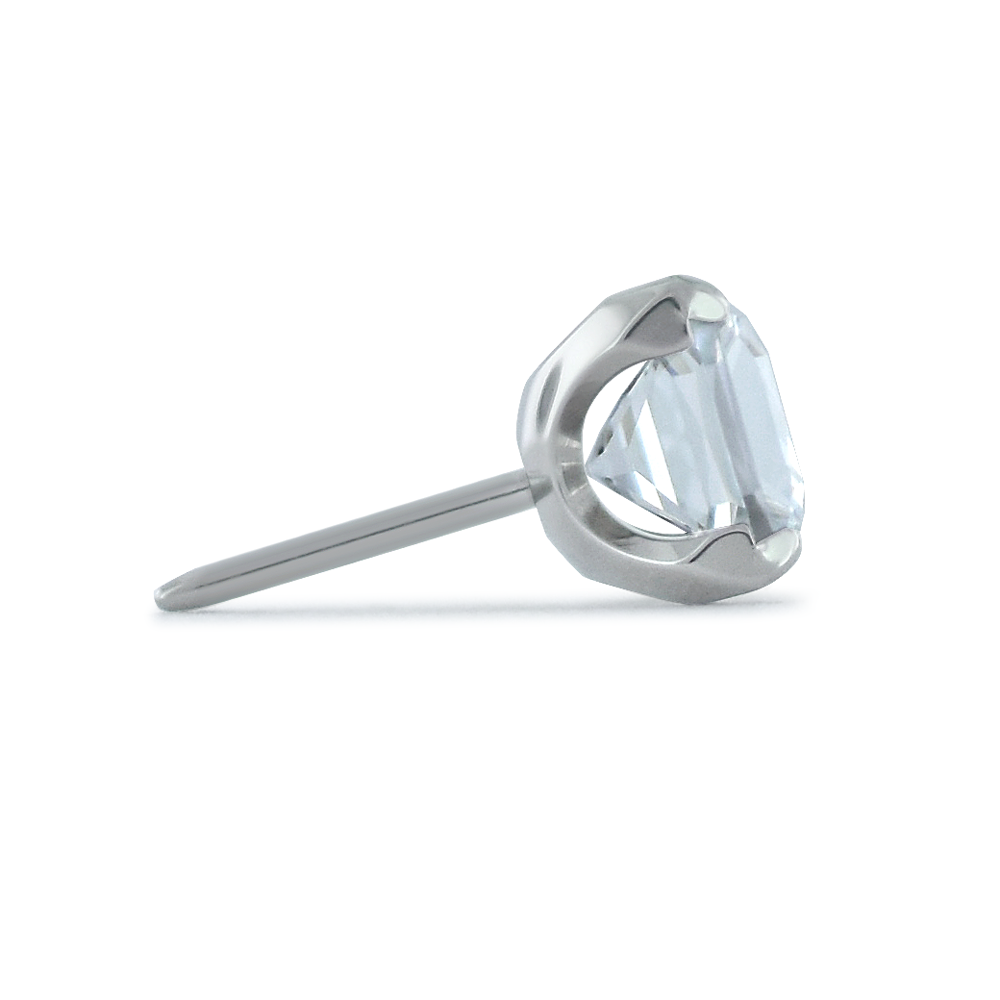 Side profile view of a threadless titanium princess cut gem end with cubic zirconia gem