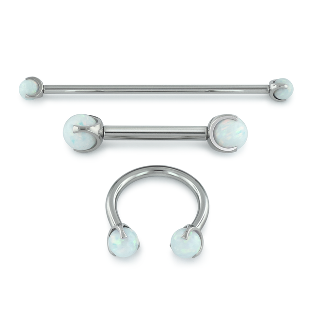 white opal titanium threadless sphere ends in a titanium barbell, nipple bar, and circular barbell