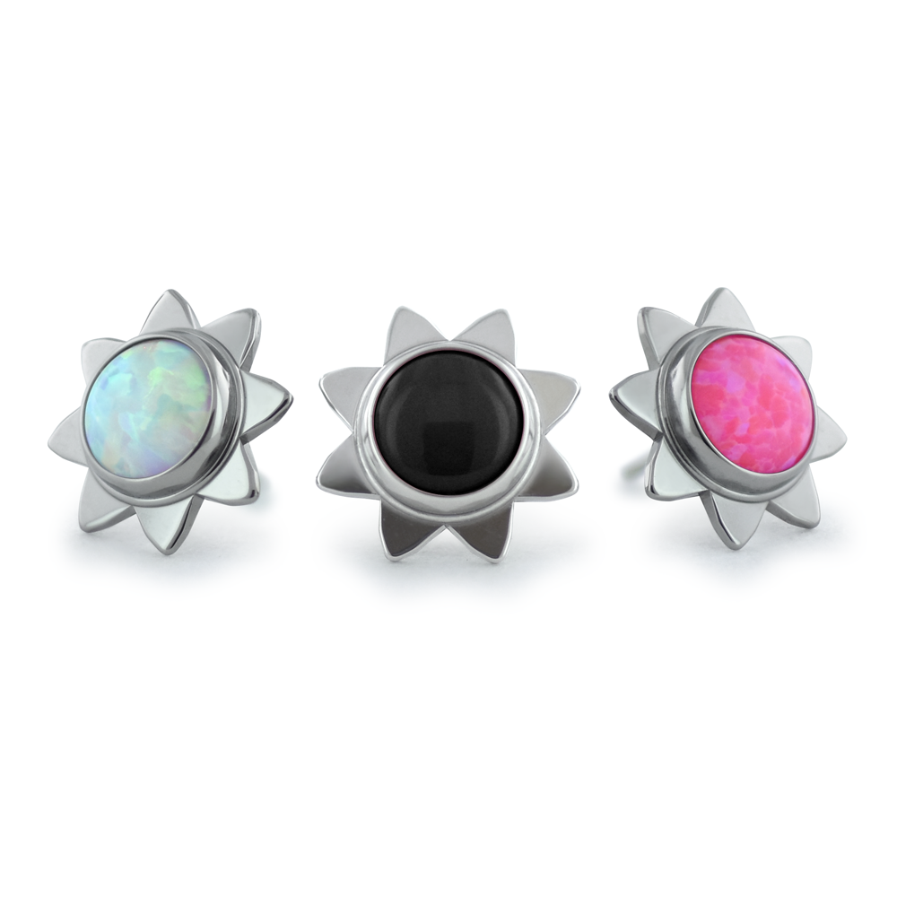 Threadless Titanium Cabochon Sun Gem Ends with White Opal, Black, and Hot Pink Cabochons