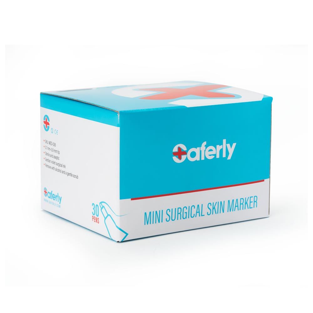 Back of the box of Saferly mini surgical skin marker