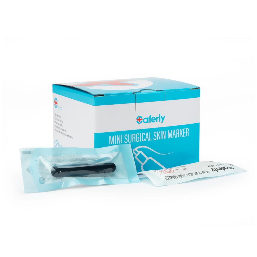 Box of Saferly mini surgical skin marker and the front and back of an individually packaged marker