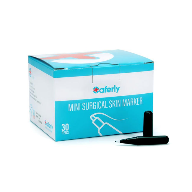 Box of saferly mini surgical skin markers and on uncapped marker