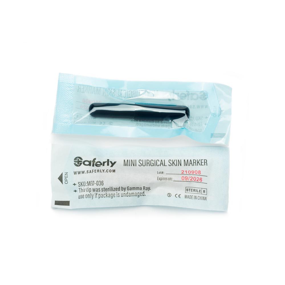 Front and back of an individually packaged mini surgical parker