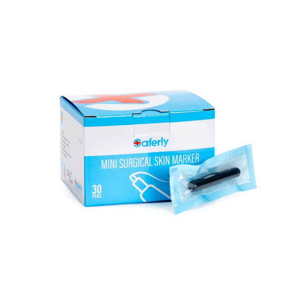 Box of Saferly mini surgical skin marker and one of the packaged markers