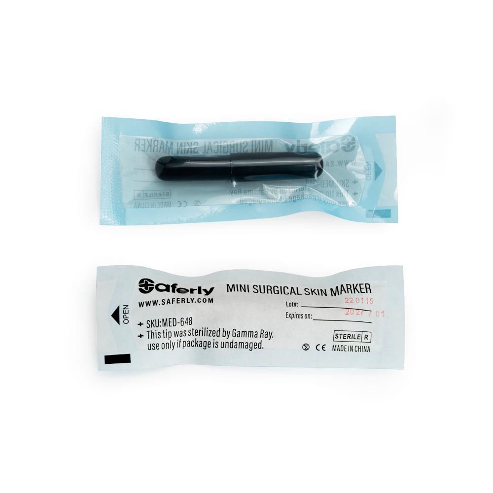 Front and back of a packaged individual mini surgical skin marker