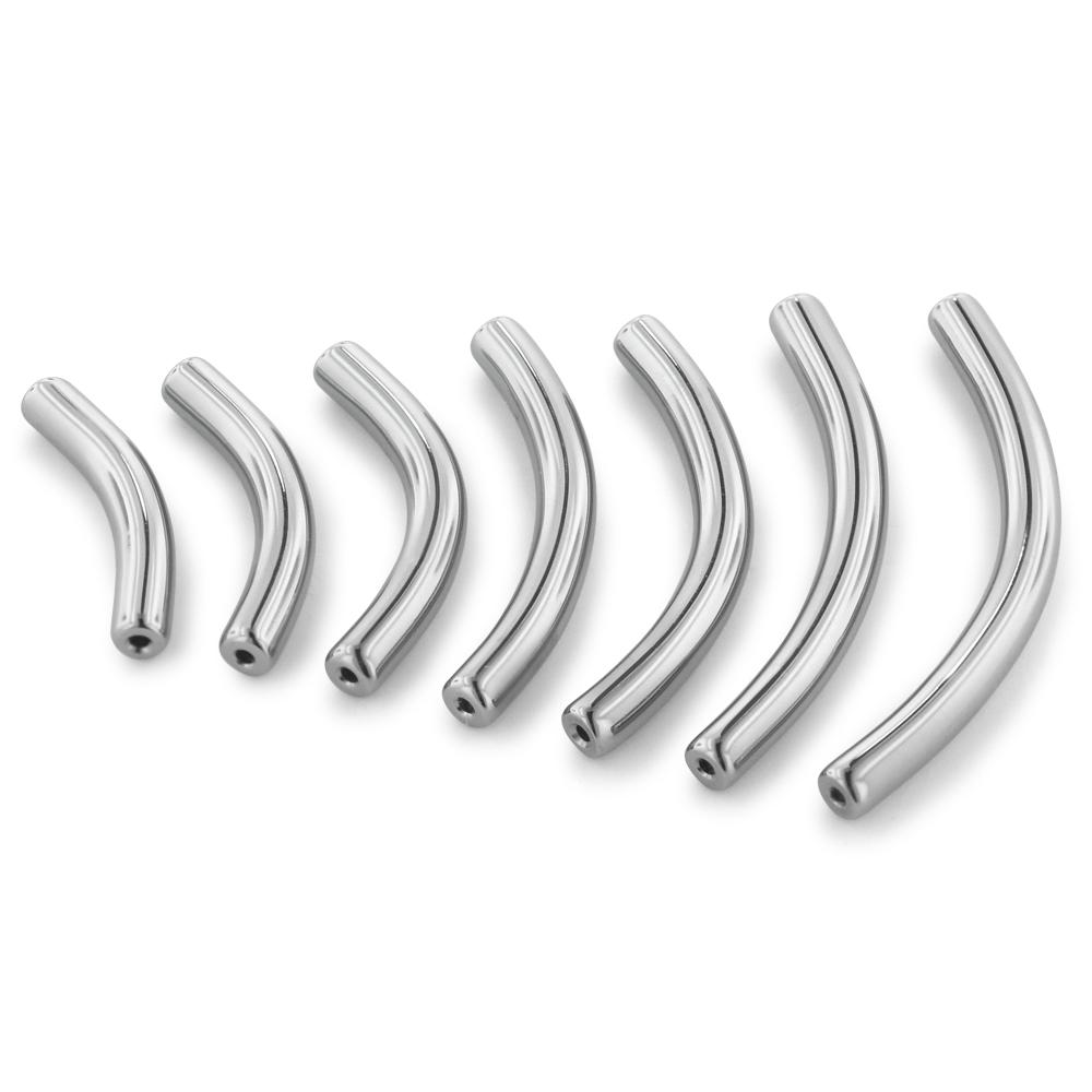 Seven sizes of 14 gauge threadless titanium curved barbells for navel piercings.