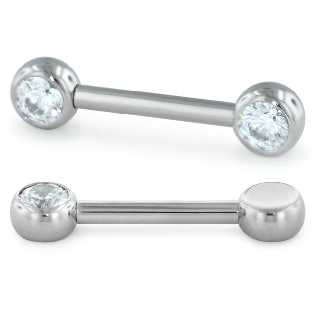 A 12-gauge titanium nipple bar with a faceted cubic zirconia gem end.