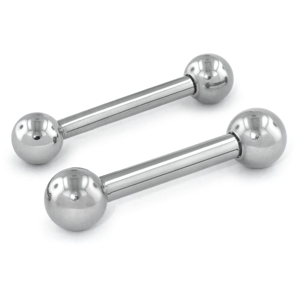 Two 12 gauge threadless titanium nipple bar shafts with titanium ball ends.