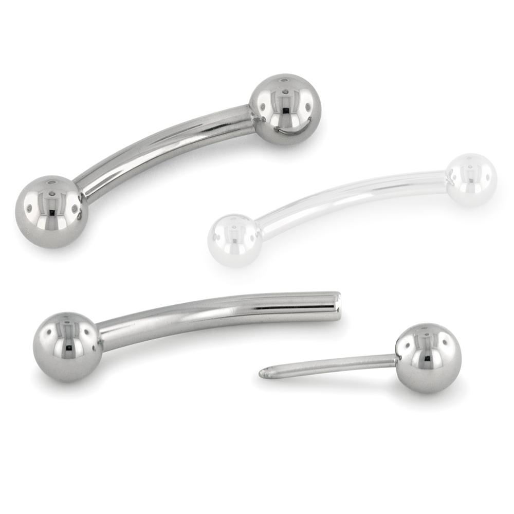 A 16 gauge threadless titanium barbell with titanium ball ends and another threadless titanium barbell with titanium ball end separate