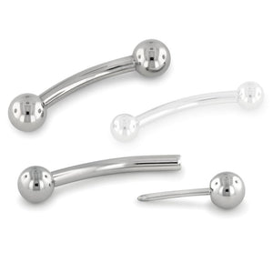 A 16 gauge threadless titanium barbell with titanium ball ends and another threadless titanium barbell with titanium ball end separate
