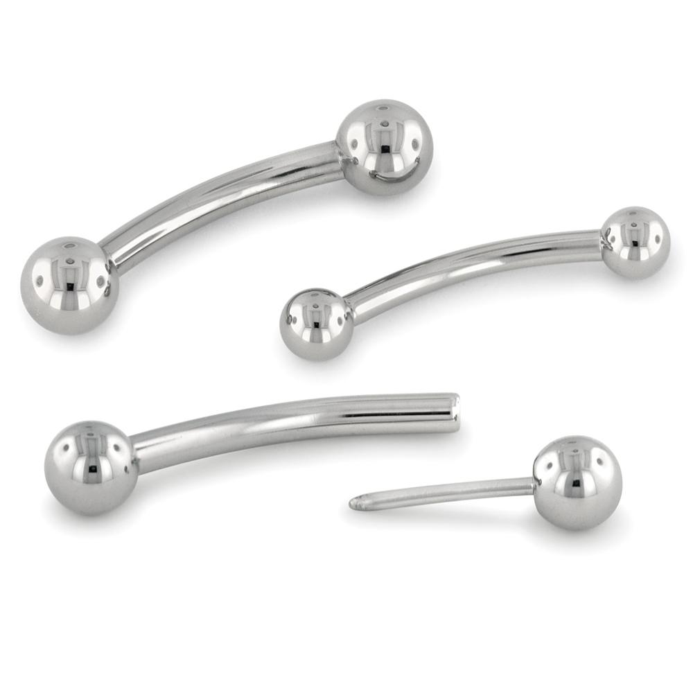 Two 16 gauge threadless titanium barbell with titanium ball ends and another threadless titanium barbell with titanium ball end separate