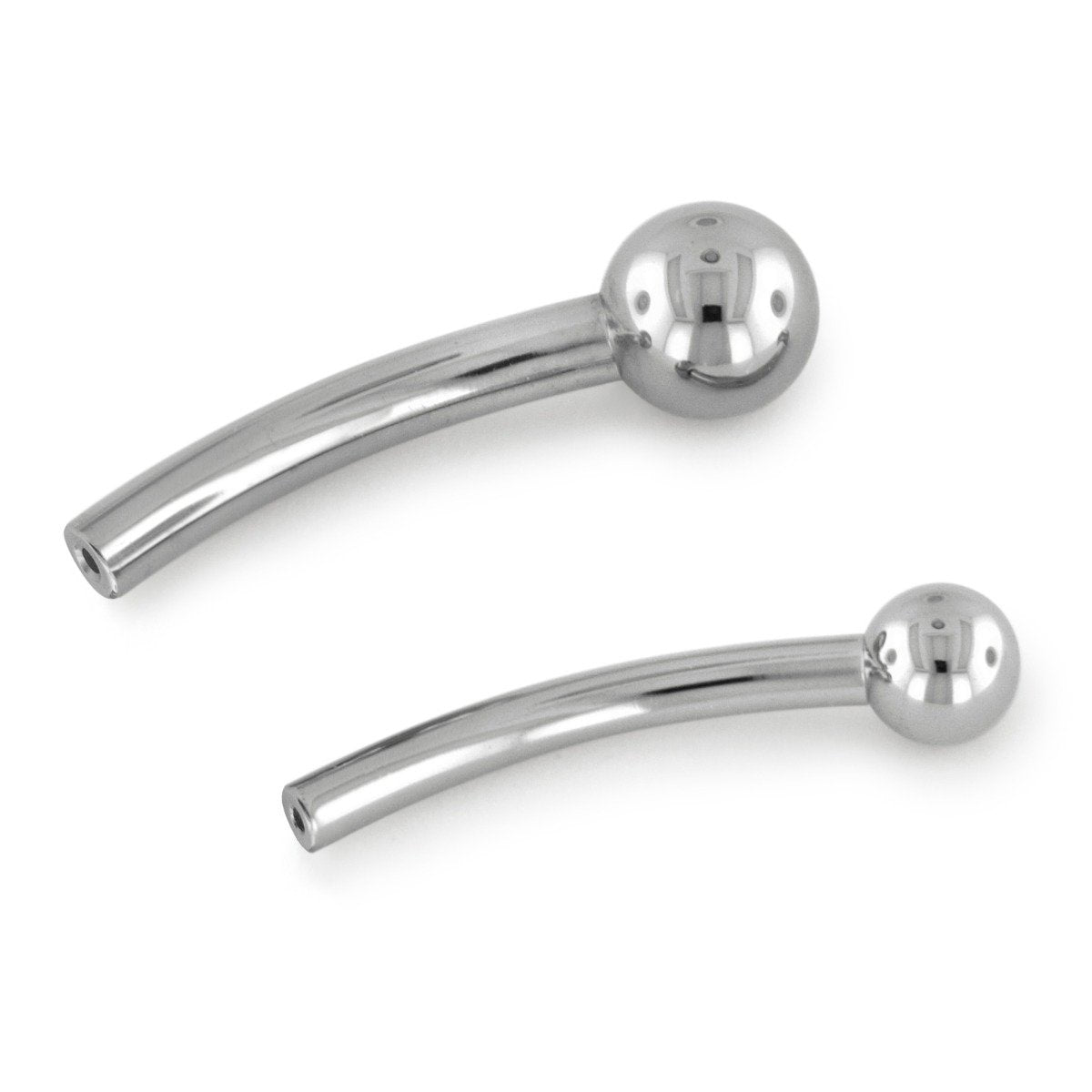 Two threadless titanium curved barbells with one end capped with a titanium ball end and the other open.