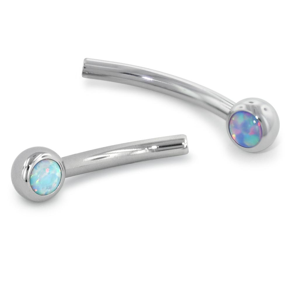Two Threadless Titanium Barbells with a white opal cabochon gem end and a lavender opal cabochon gem end