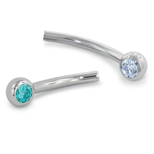 Two threadless titanium curved barbells with a cubic zirconia faceted gem end and mint green faceted gem end