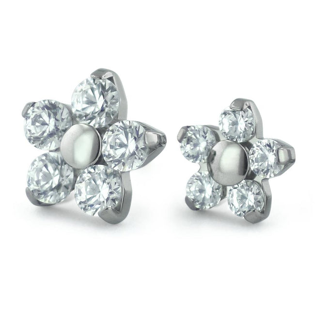 A 2mm and 1.5mm threadless titanium flower end, with five cubic zirconia faceted gems set around a titanium center