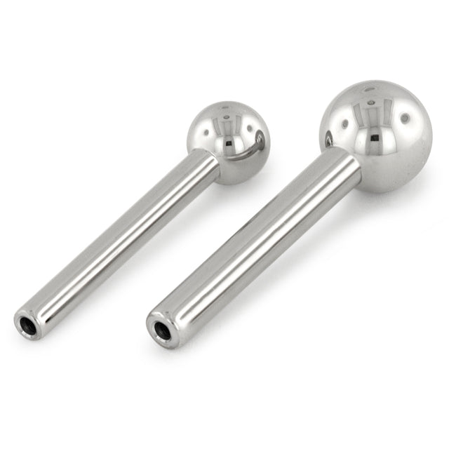 Two 18-gauge threadless titanium barbells with a ball end