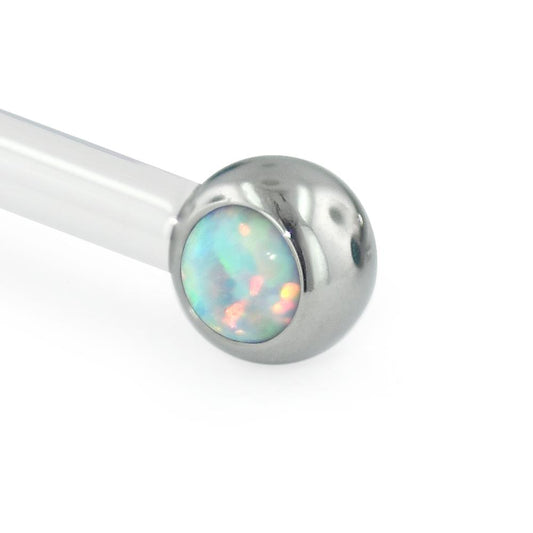 A 12 gauge 3mm titanium set cabochon gem end with a white opal gem.