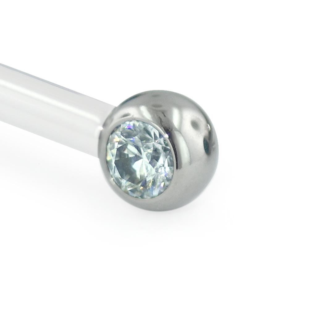 A 12 gauge 3mm titanium set faceted gem end with a cubic zirconia gem.
