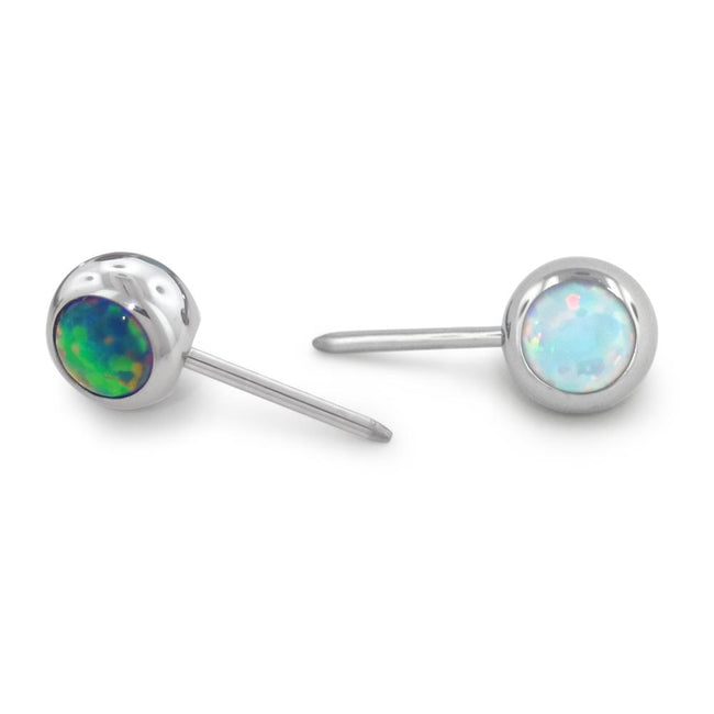 A  pair of 16-gauge titanium set cabochon gem end with a white opal gem and a peacock opal gem.